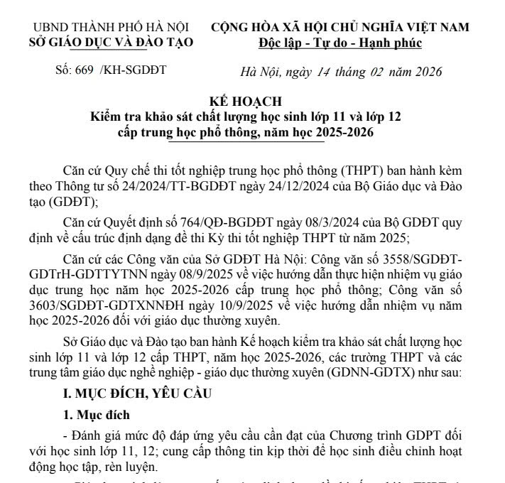Kế hoạch kiểm tra khảo sát học sinh Khối 12 và Khối 11 năm 2026 của Sở GD&ĐT Hà Nội