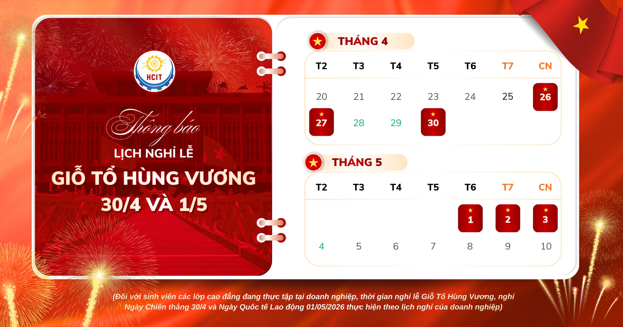 THÔNG BÁO LỊCH NGHỈ LỄ GIỖ TỔ HÙNG VƯƠNG, NGÀY CHIẾN THẮNG 30/4 VÀ NGÀY QUỐC TẾ LAO ĐỘNG 01/05/2026