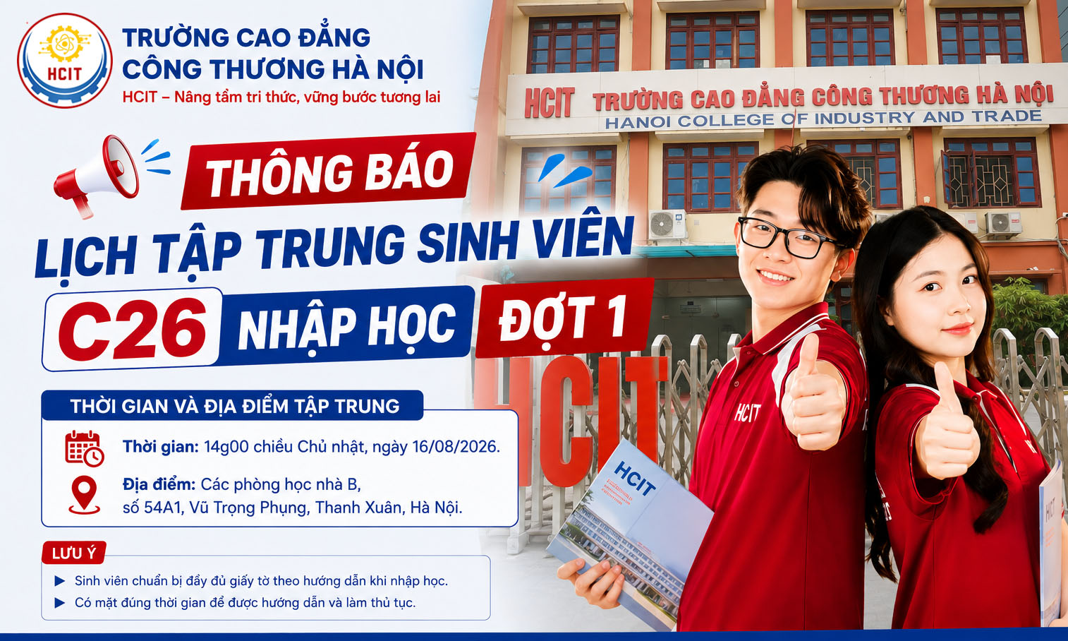 thông báo lịch tập trung nhập học đối với sinh viên cao đẳng, hệ chính quy, khóa học 2026-2029 (C26)