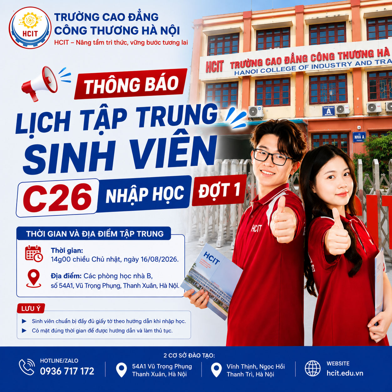 Thông báo lịch tập trung nhập học đối với sinh viên cao đẳng, hệ chính quy, khóa học 2026-2029