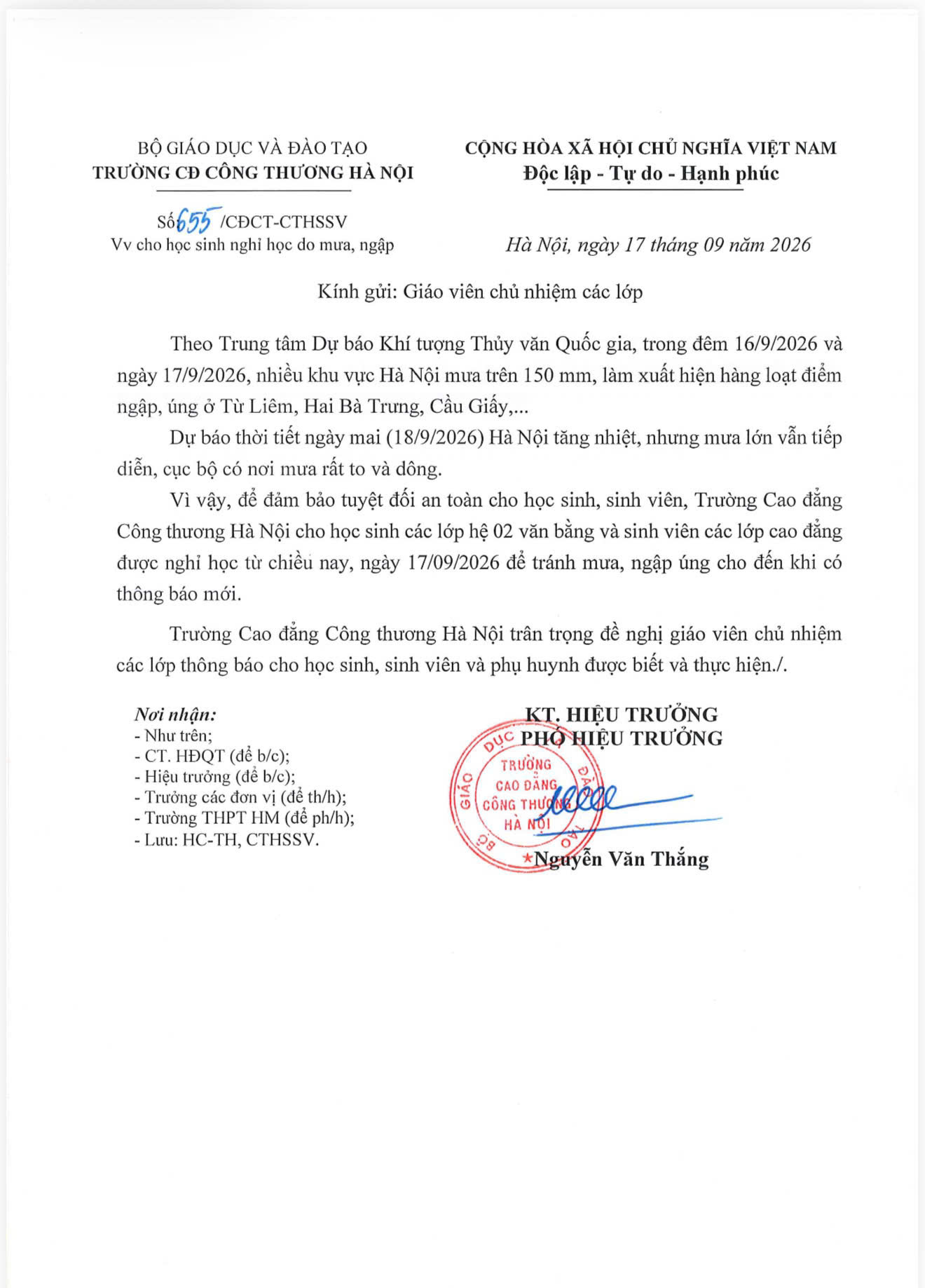 THÔNG BÁO NGHỈ HỌC DO MƯA, NGẬP