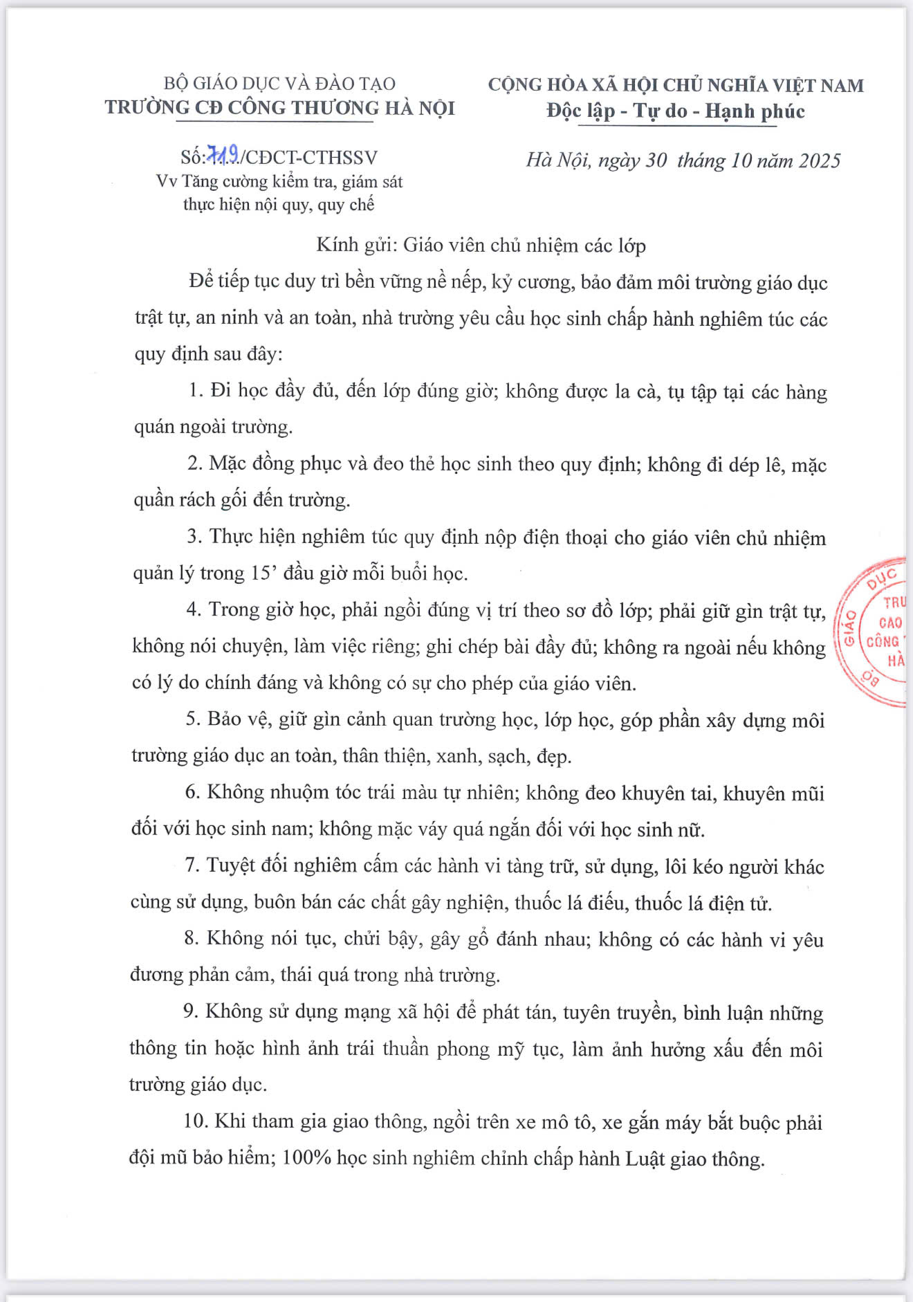 Công văn số 719  Phòng CT HSSV Trường Cao đẳng Công thương Hà Nội về việc tăng cường kiểm tra, giám sát thực hiện nội quy, quy chế